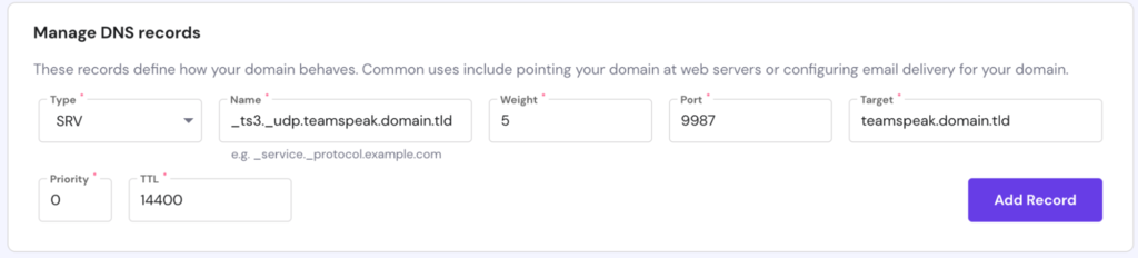 New SRV record creation window on hPanel