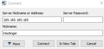 TeamSpeak client connect window. Users need to enter their server details and press connect