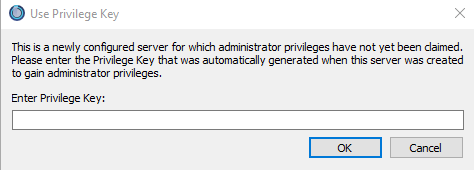 TeamSpeak client window showcasing server admin token prompt. With server admin token server will know who to assign as main administrator in the server