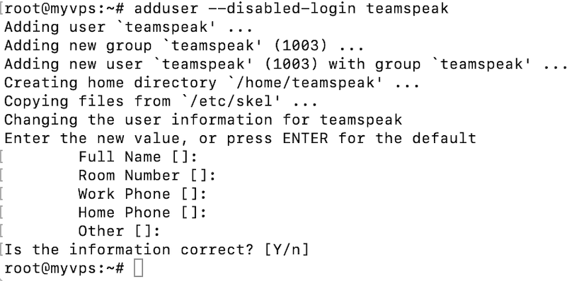 Terminal window showcasing a new user creation on Ubuntu 20.04 virtual server
