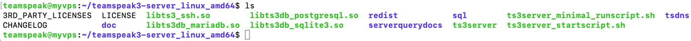 The output of an ls command on a Linux VPS. It shows all files and directories inside newly downloaded TeamSpeak server files