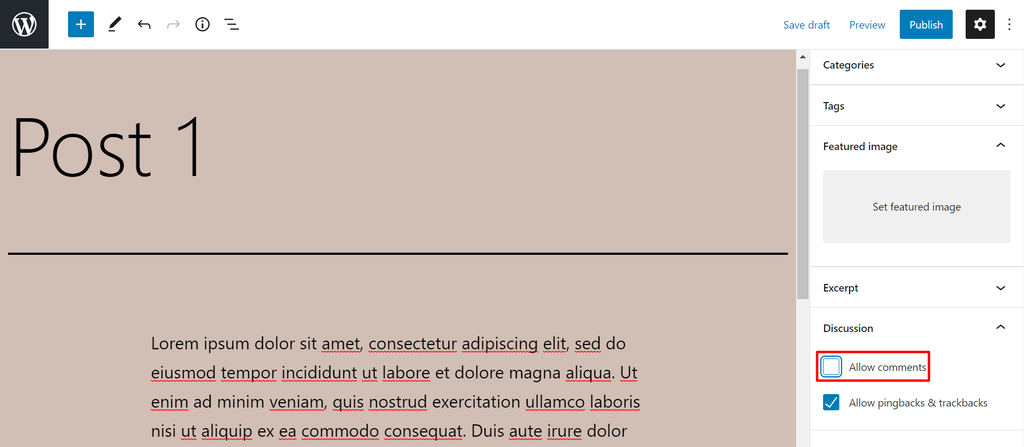 The settings section in the Gutenberg editor, showing where to disable the comments
