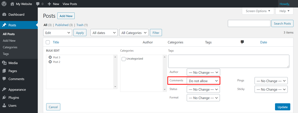 The Posts page on the WordPress admin panel, showing how to disable the comments