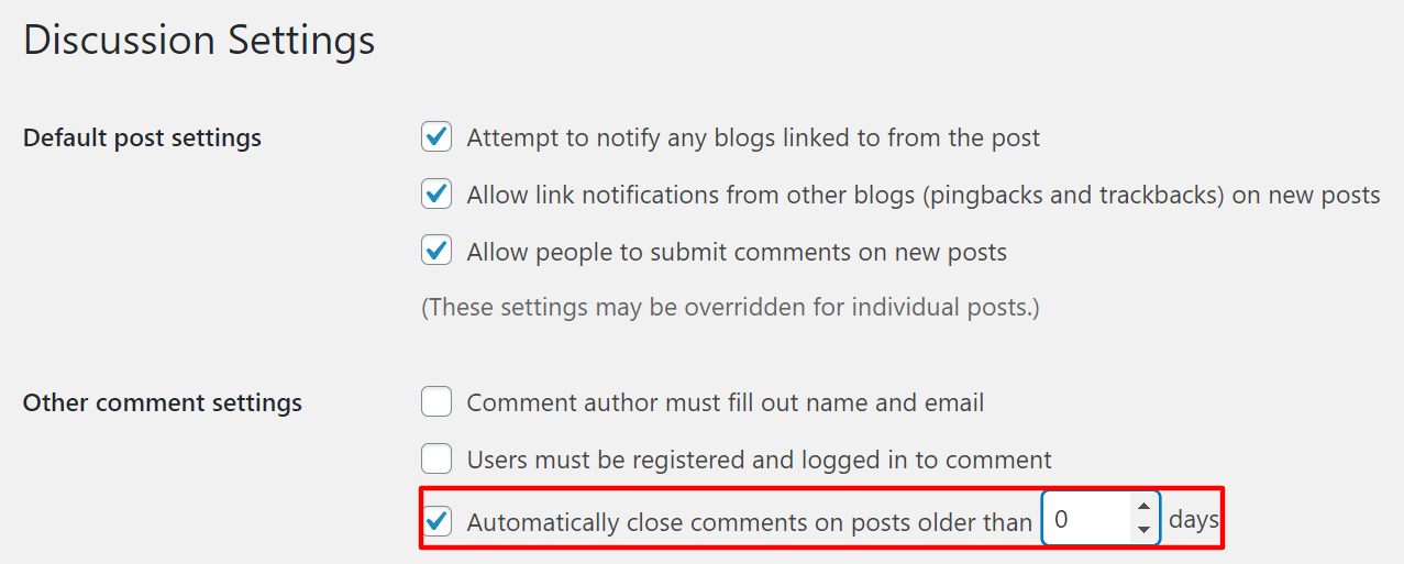 The Discussion Settings section on the WordPress admin panel, showing how to enable Automatically close comments