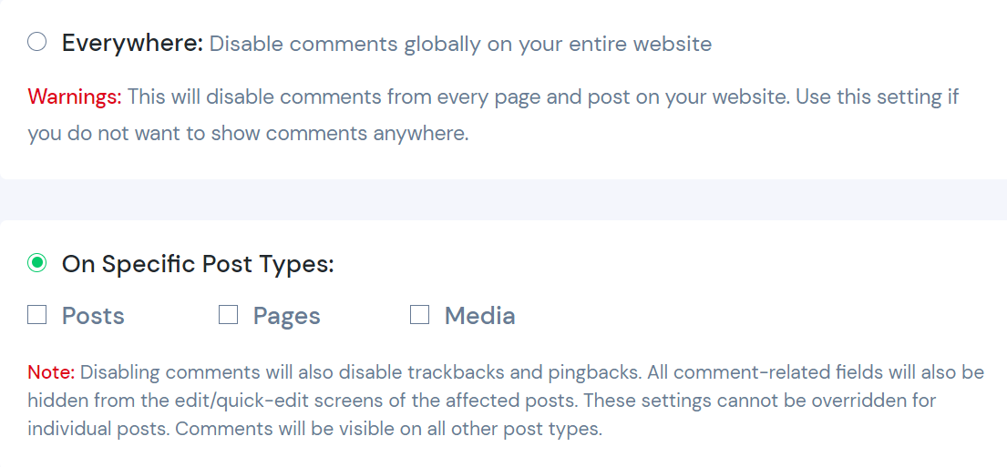 The Disable Comments plugin page, showing how to disable comments on specific post types