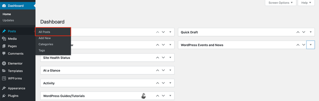 The Posts menu on the WordPress admin panel, showing where to click All Posts
