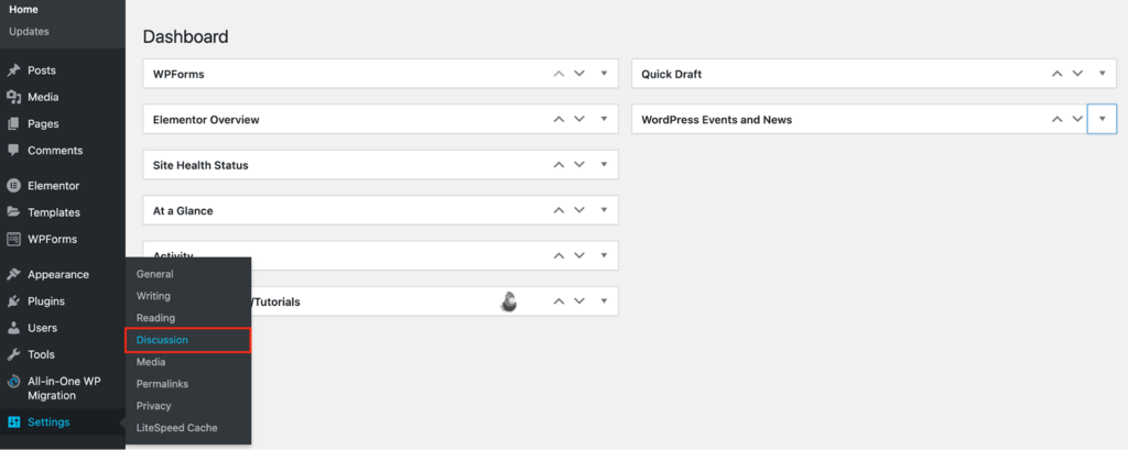 The Settings menu on the WordPress admin panel, showing where to click Discussion
