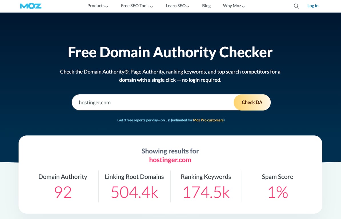 Moz's domain authority checker