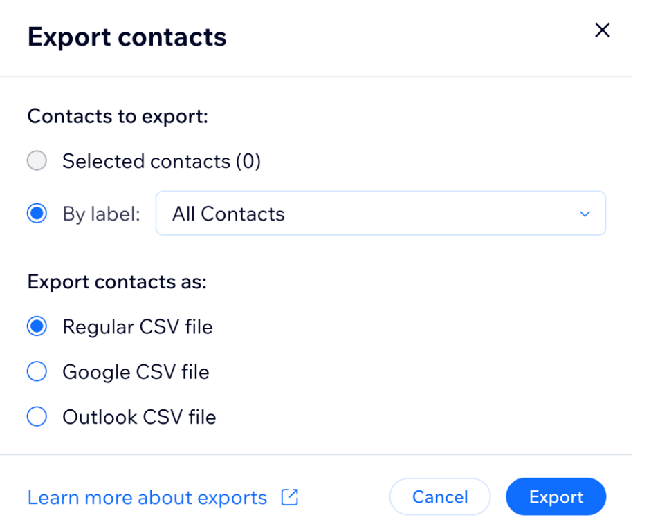 Wix Export contacts dialog with All Contacts and Regular CSV file selected