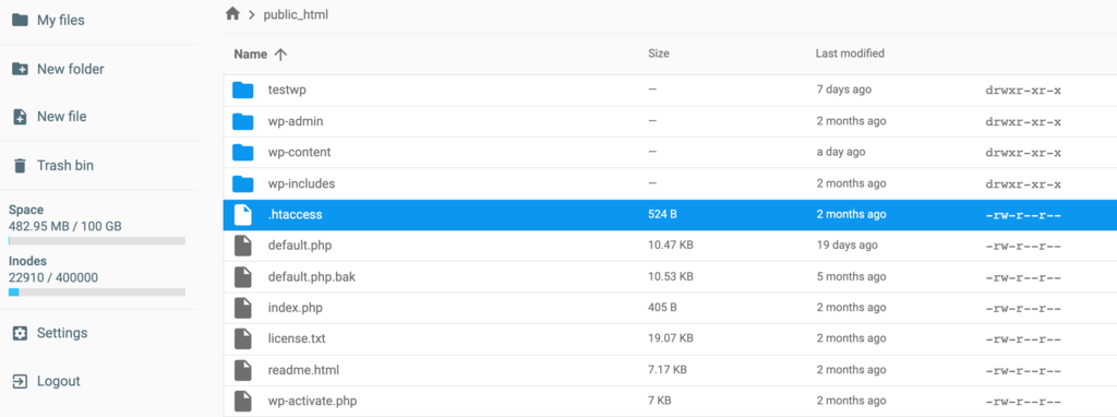 Screenshot of hPanel's file manager, showcasing the .htaccess file