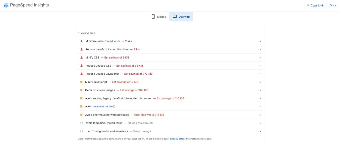 Google PageSpeed Insights suggesting actionable improvements