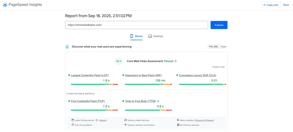 Google PageSpeed Insights test results