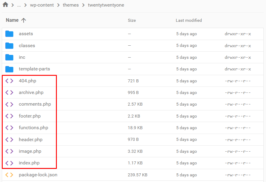 hPanel file manager interface, showing Twenty Twenty-One theme folder with the template files highlighted