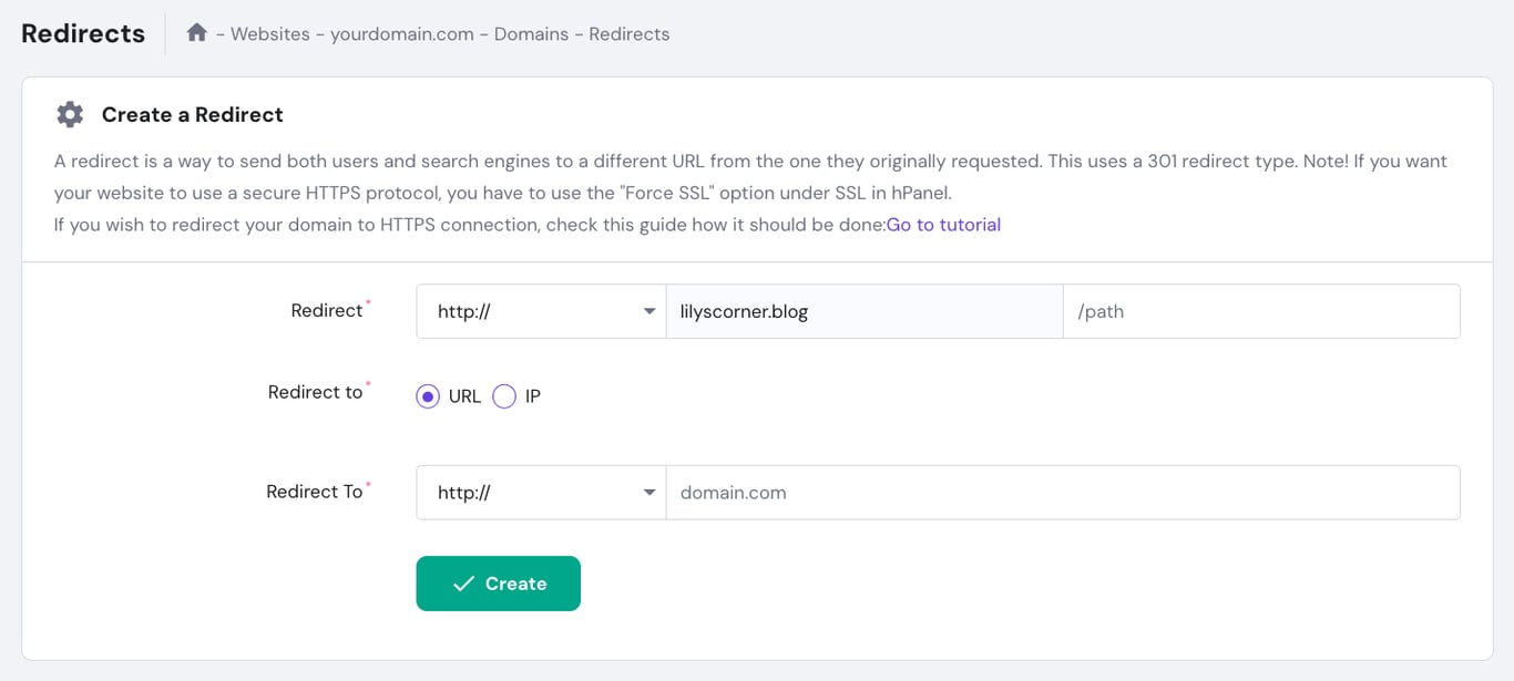 Hostinger redirect feature in hPanel