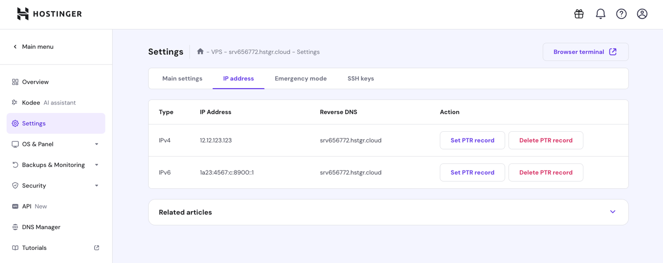 PTR records configuration menu in hPanel's VPS settings