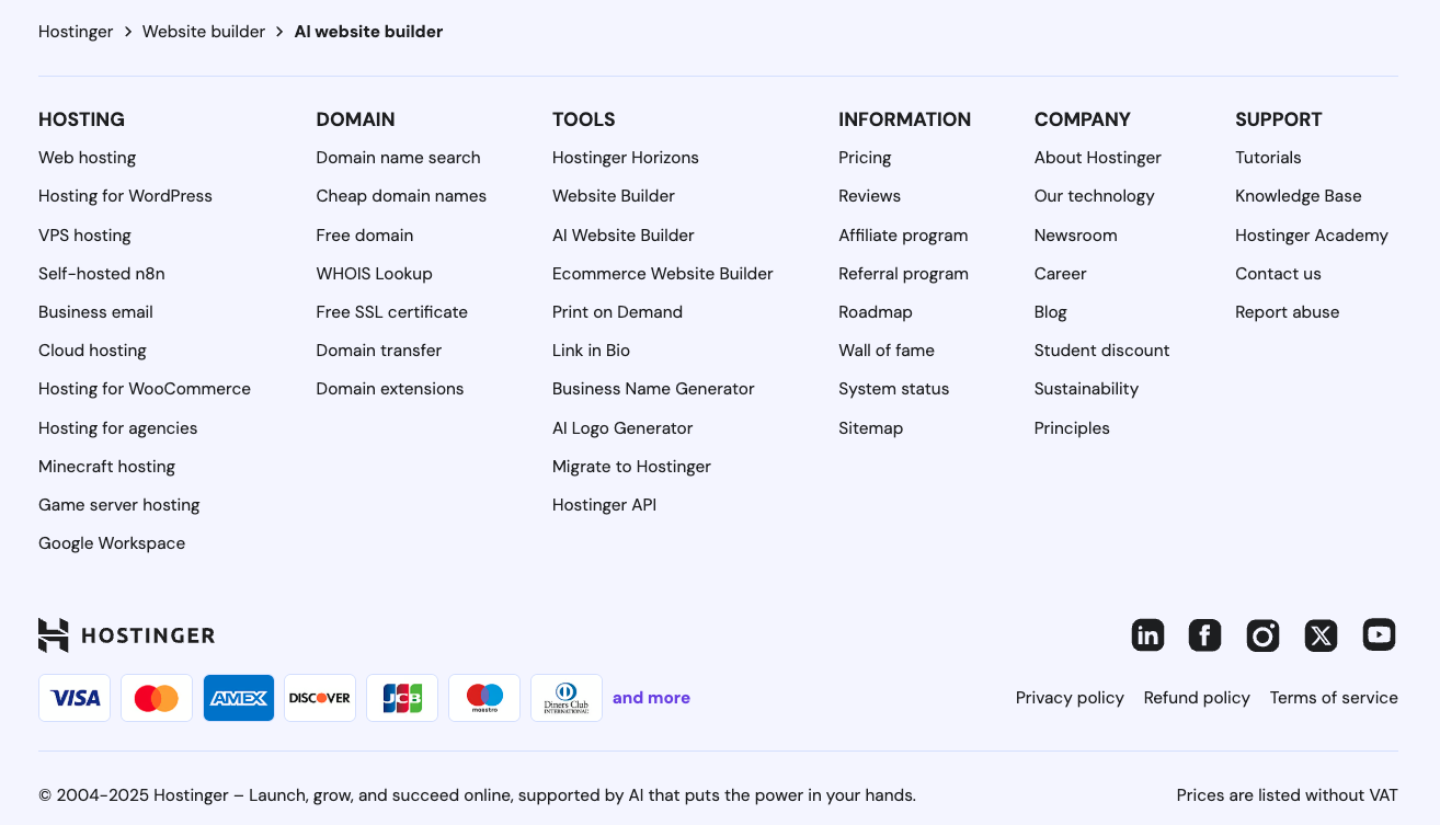 The footer section of Hostinger website