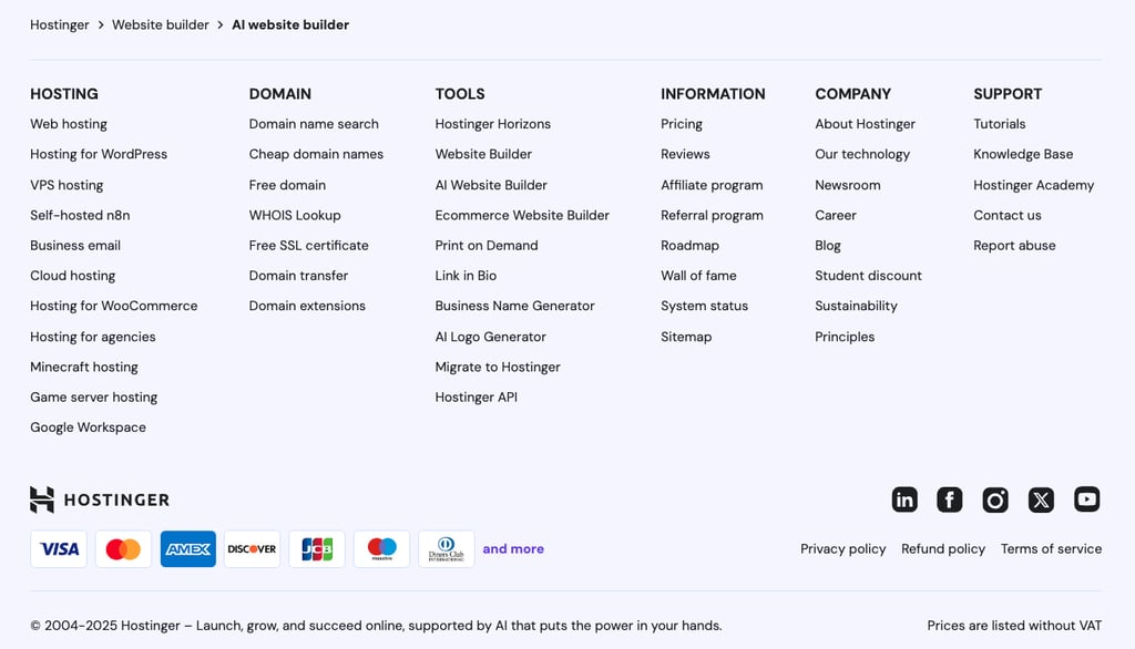 The footer section of Hostinger website