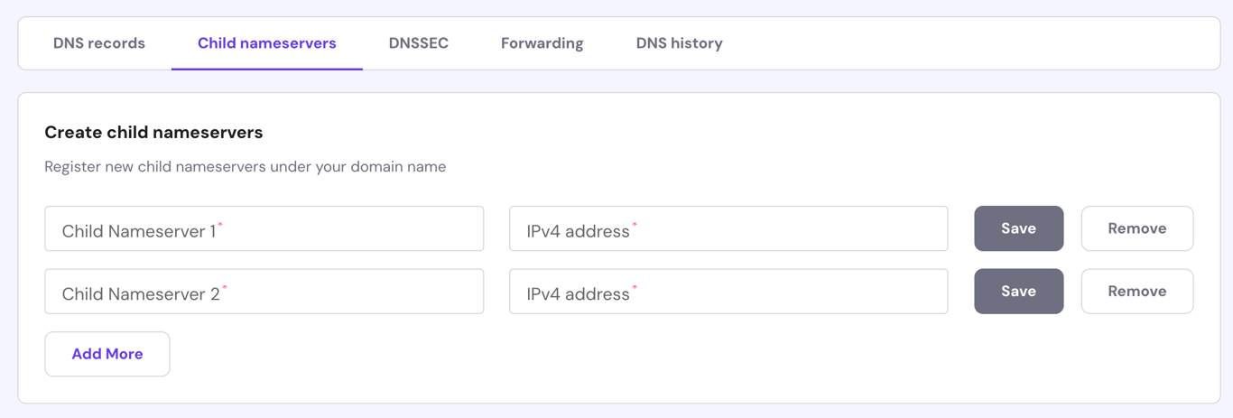 The child nameserver panel on hPanel's DNS Zone Editor