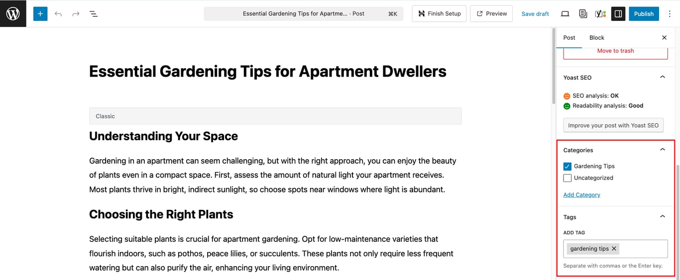 Categories and tags section in WordPress