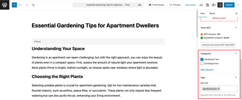 Categories and tags section in WordPress