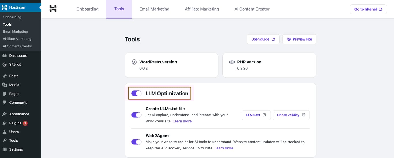 Hostinger's LLM Optimization feature in WordPress