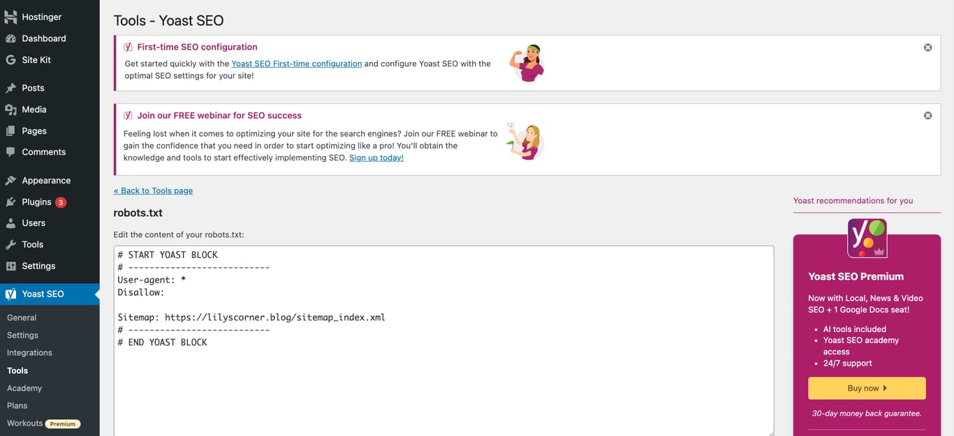 Creating a robot.txt file with Yoast SEO plugin