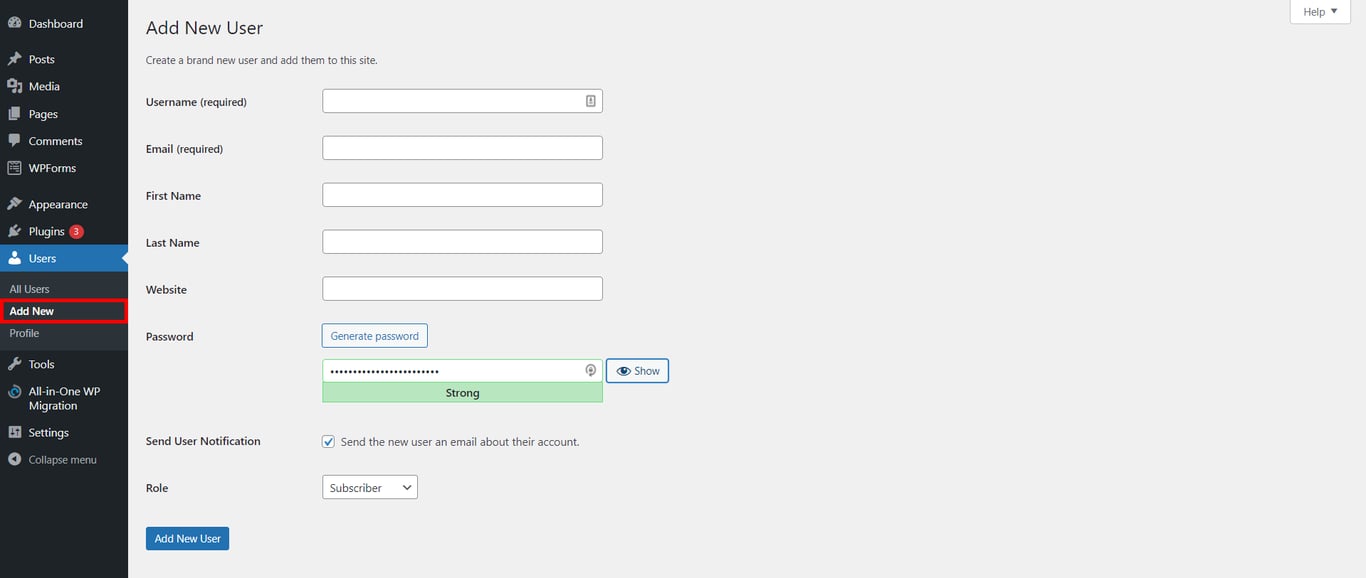 Add new user in WordPress dashboard
