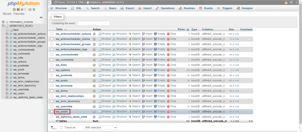 Database table in phpMyAdmin dashboard