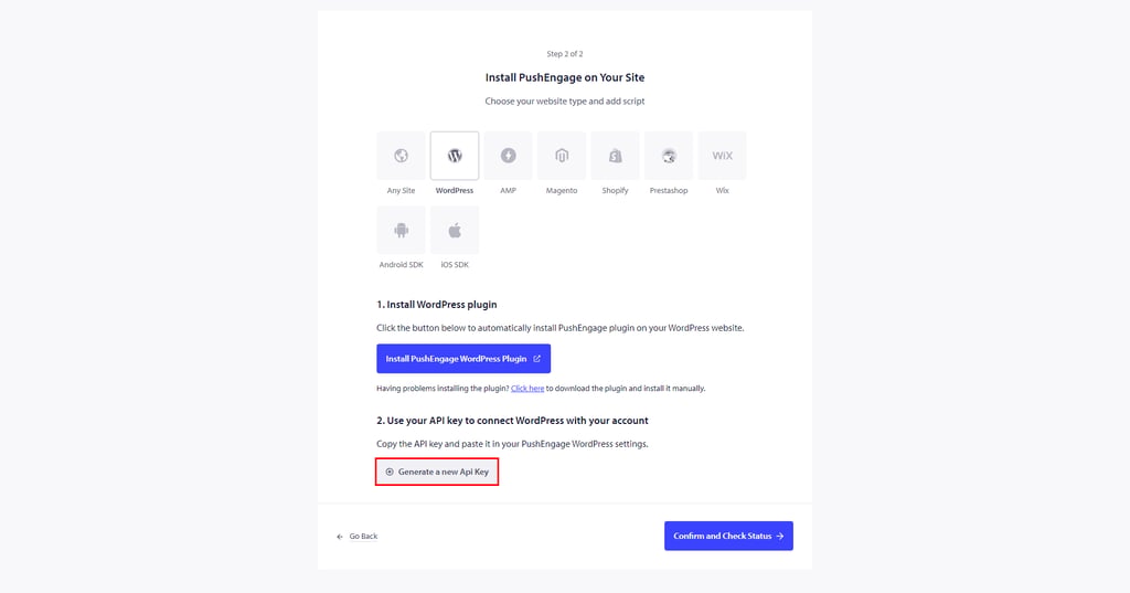 Generating a new API key with PushEngage