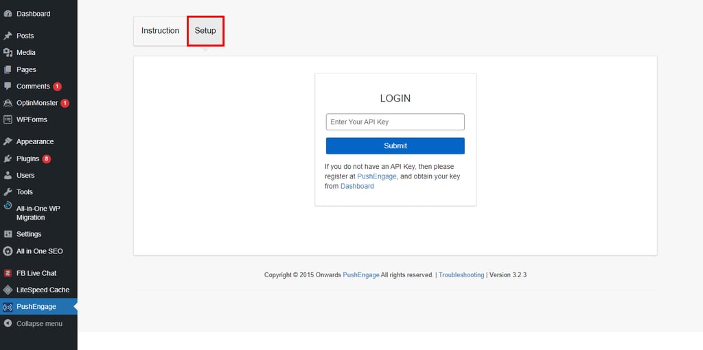 PushEngage integration page on WordPress dashboard