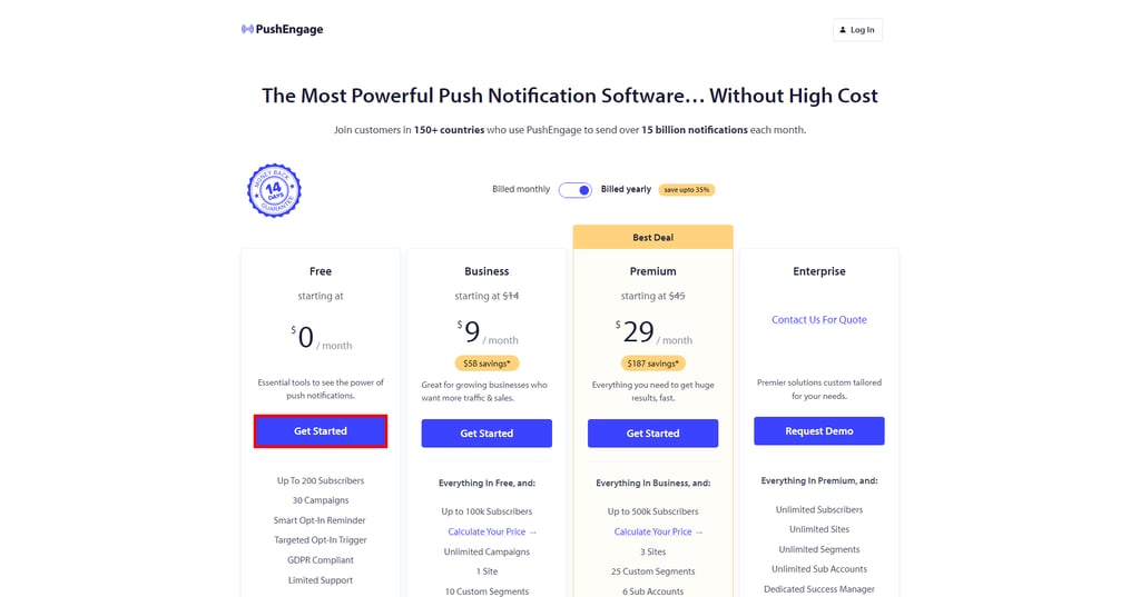 PushEngage pricing plans