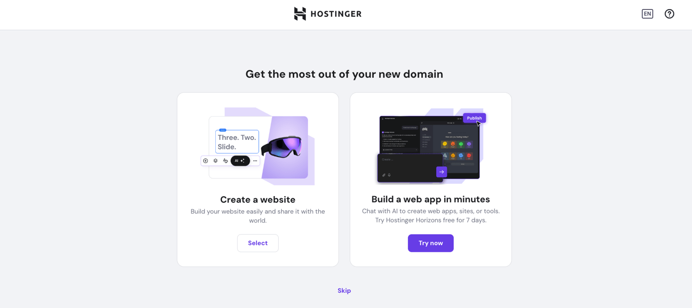 Hostinger onboarding step, offering user the option to create a website or a web app and connect the new domain to it