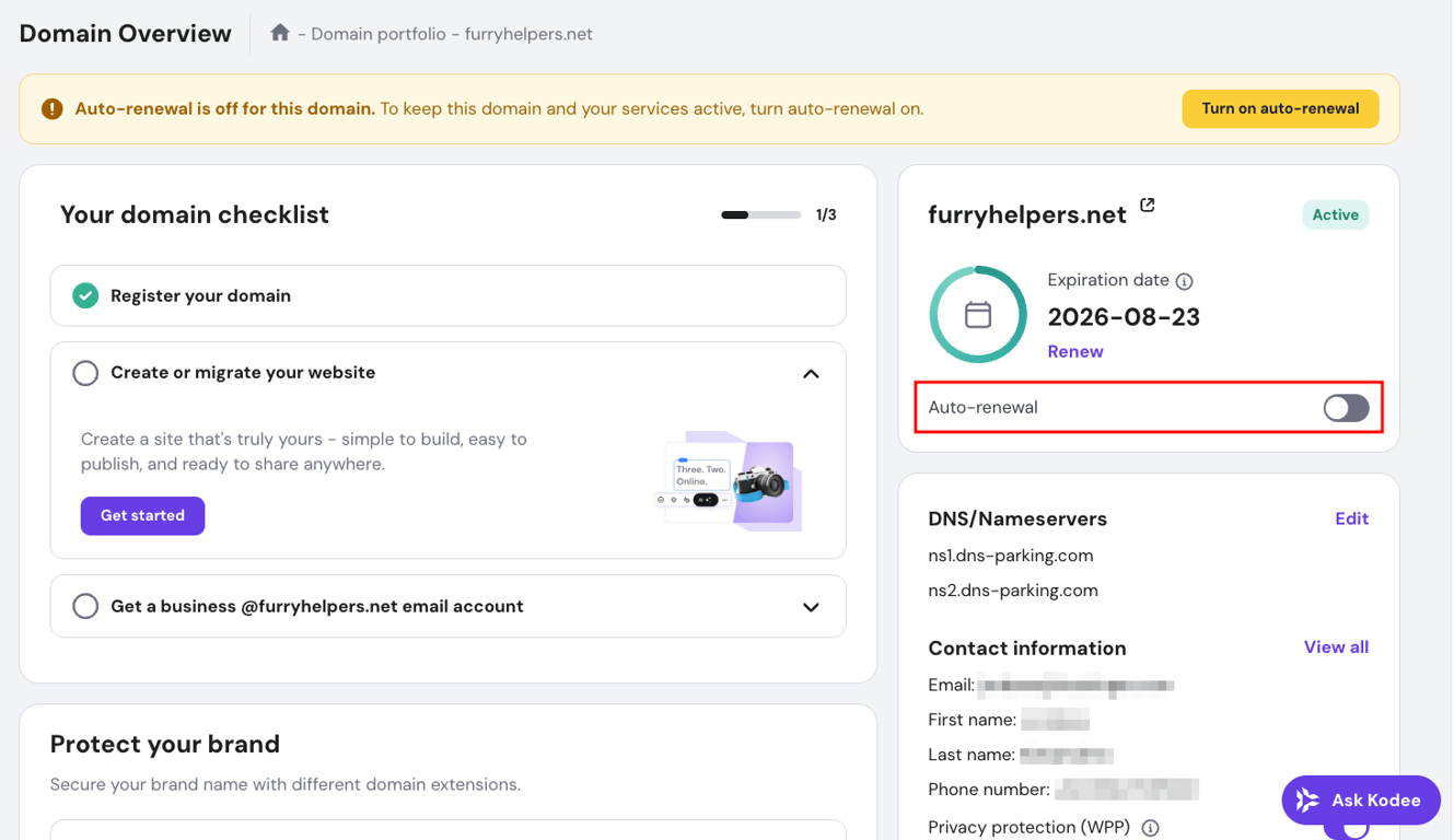 Hostinger Domain Overview page highlighting the auto-renewal toggle
