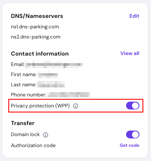 Hostinger Domain Overview section, highlighting the Privacy protection toggle