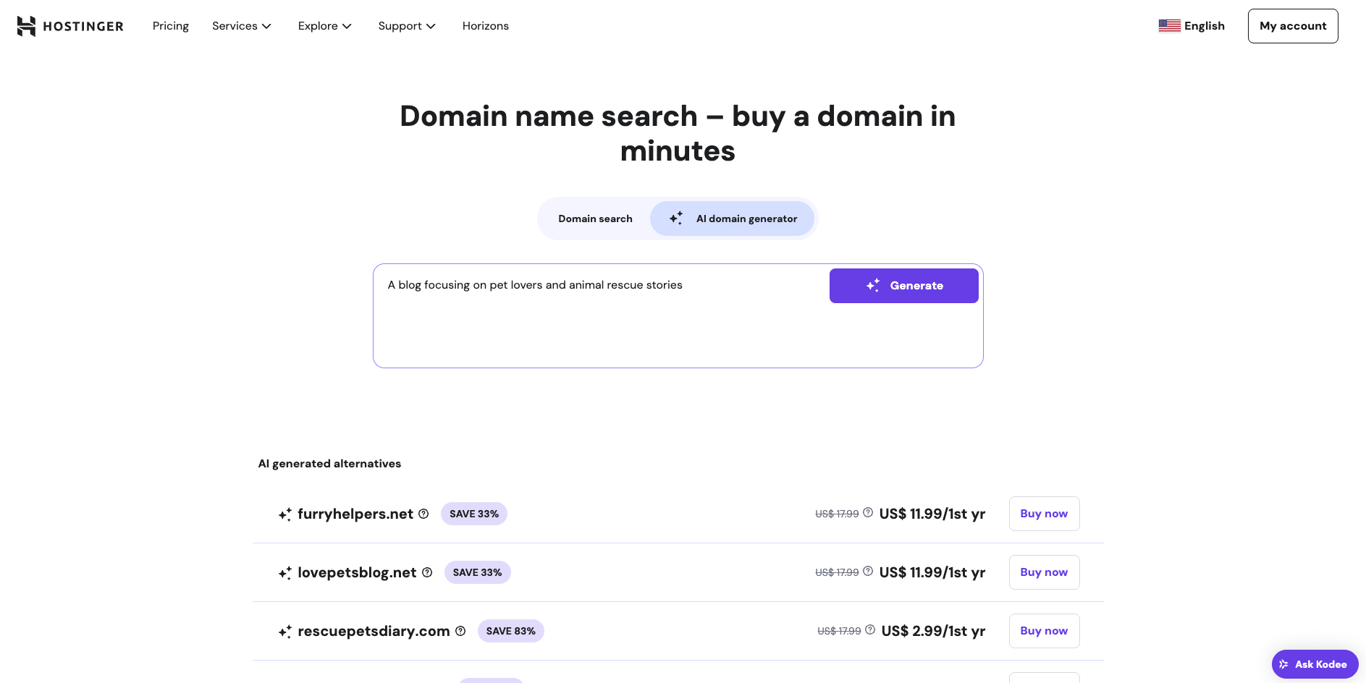 Hostinger domain search tool focusing on the AI domain generator feature