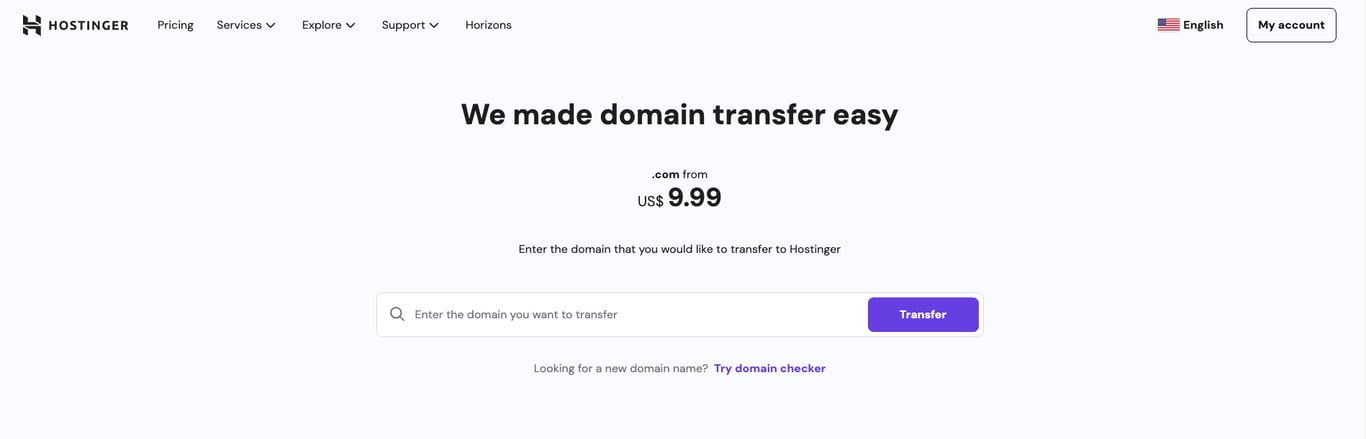 Hostinger domain transfer landing page