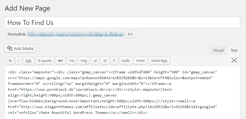 Adding your embed code to the WordPress editor.
