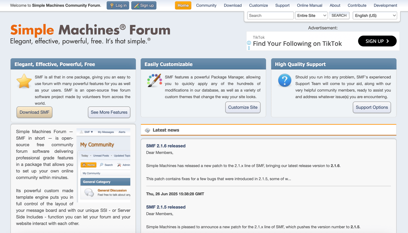 Simple Machines Forum website home page