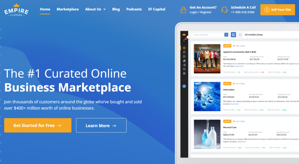The homepage of Empire Flippers, Empire Flippers, an online business marketplace.
