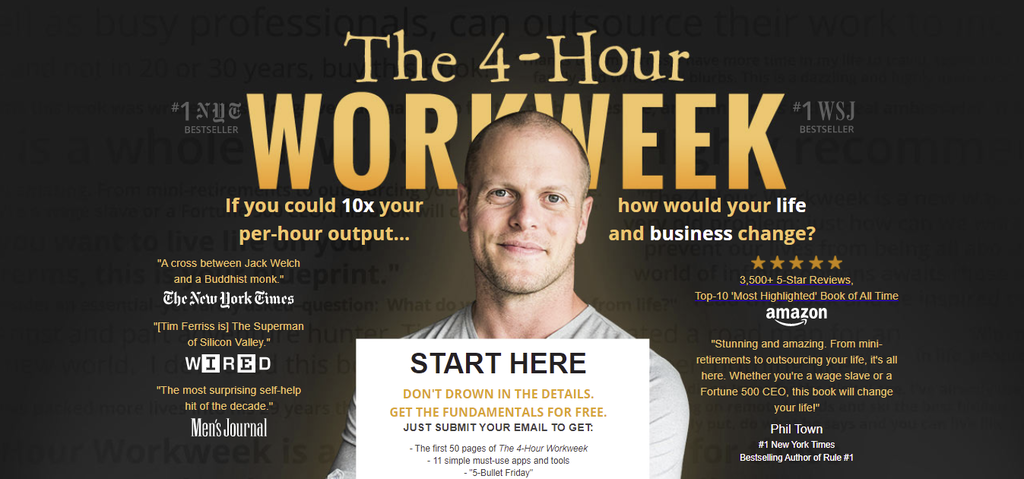 The homepage of The 4-Hour Workweek.