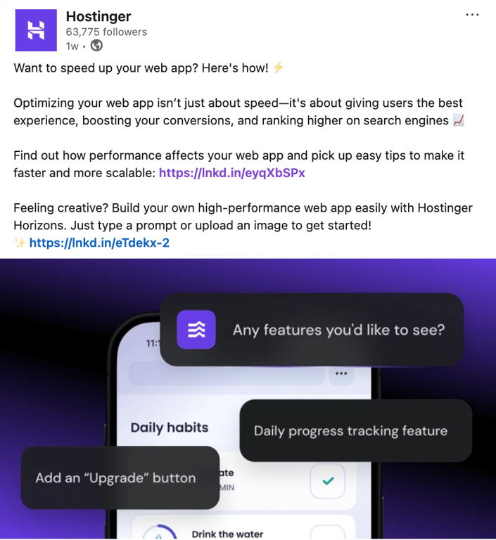 A screenshot of Hostinger's LinkedIn post, promoting a Hostinger Tutorials article