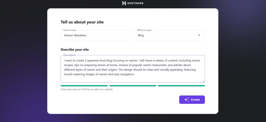 Hostinger's AI Website Builder for WordPress prompt input page