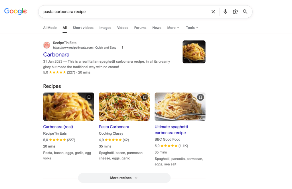 An image showing pasta carbonara recipe in Google search