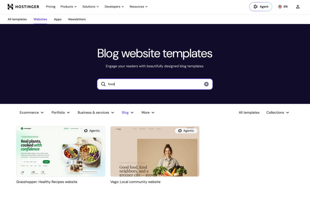 Hostinger AI Builder premade templates for blog