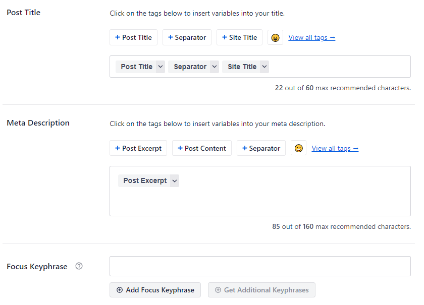AIOSEO settings section on WordPress.org post editor, showing the fields to enter post title, meta description, and focus keyphrase
