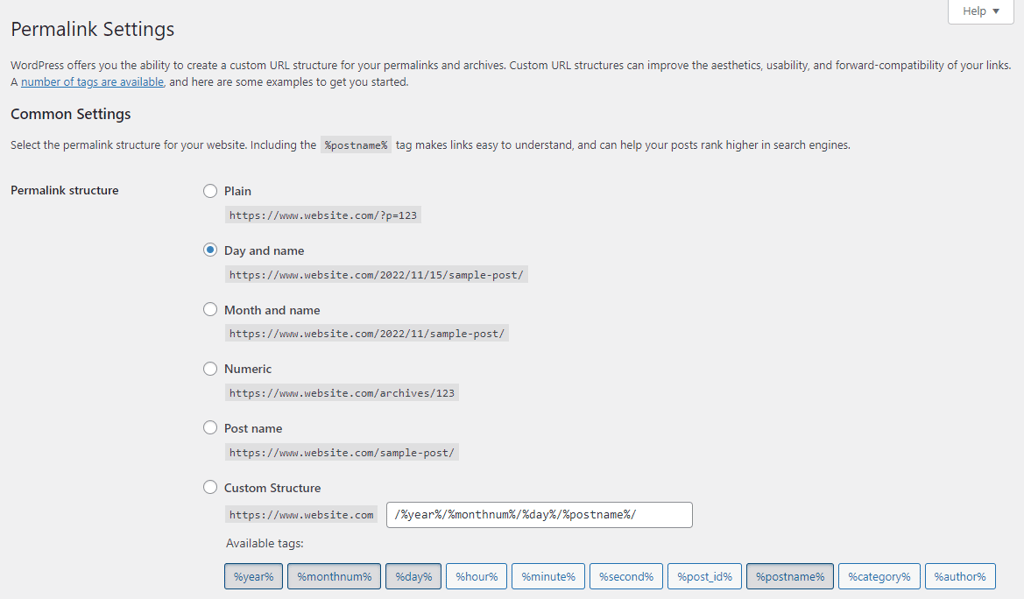 Permalink Settings page on WordPress.org admin dashboard
