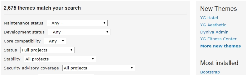 Search options on the Drupal theme directory