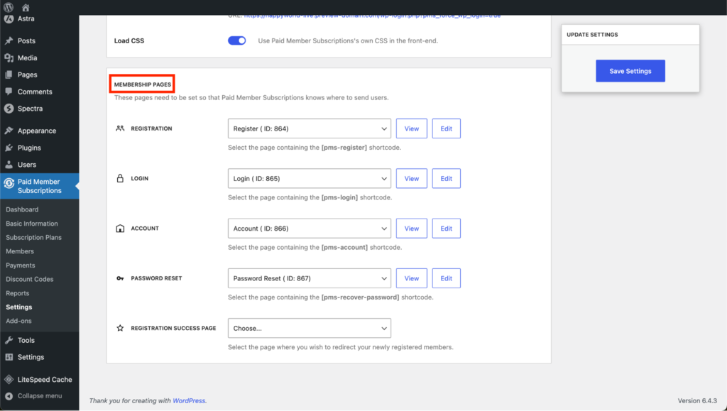 Paid Member Subscriptions settings page with membership pages section highlighted