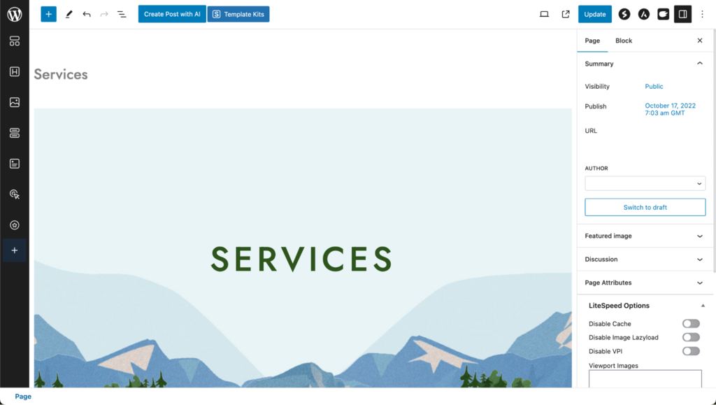 Overview of a page editor in WordPress using Astra