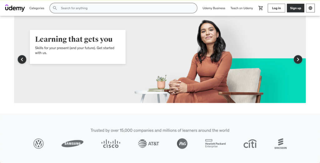 Example of a one-time payment subscription site: landing page of Udemy, an online learning platform